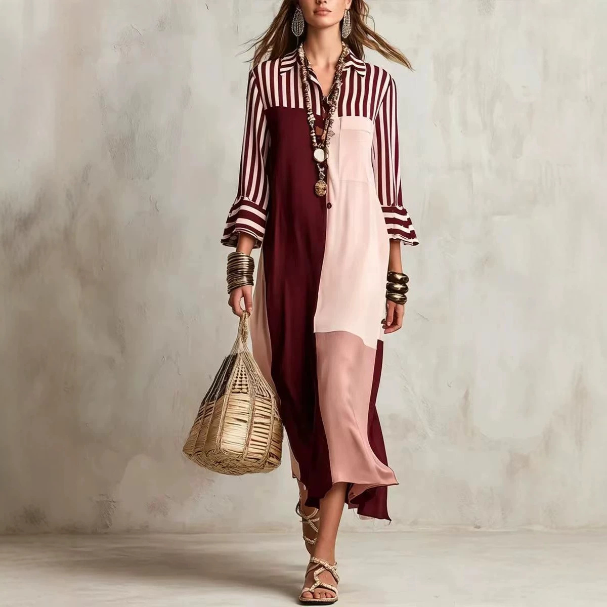 Striped Color-Block Shirt Dress with Three-Quarter Sleeves