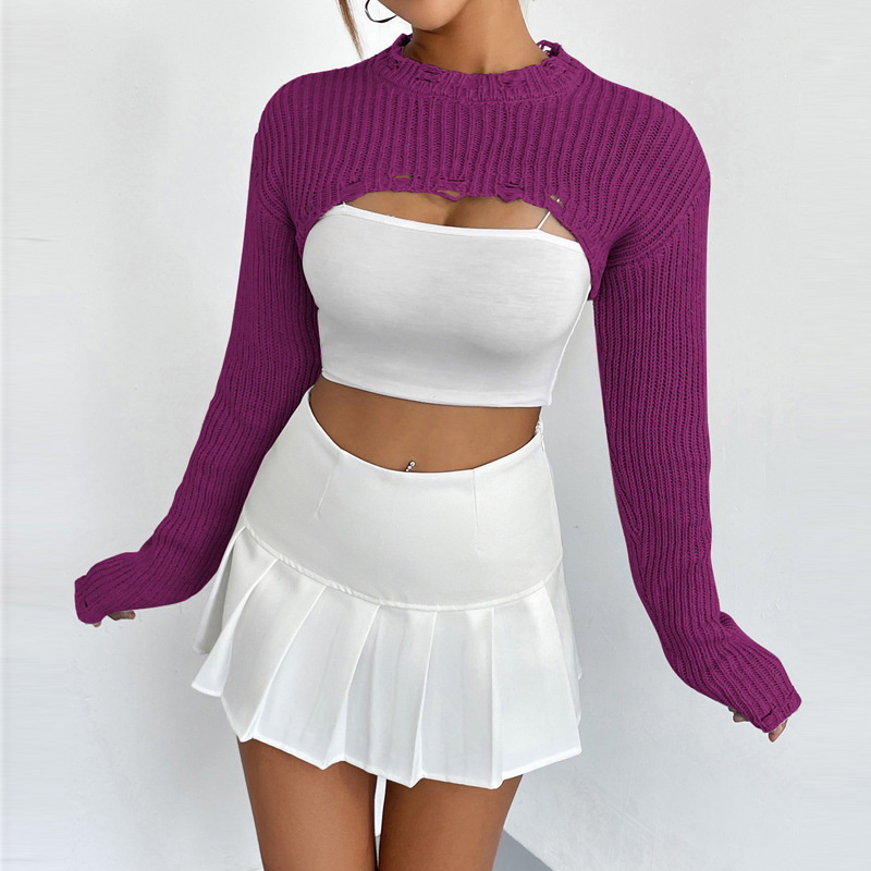 Women's Cropped Knit Pullover Top - Crew Neck Long Sleeve Solid Color