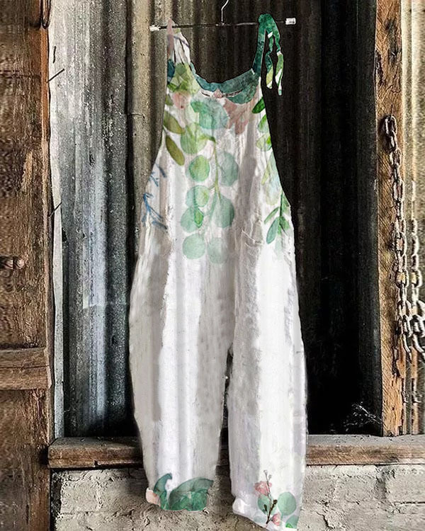 Women's Printed Cotton-Linen Cami Jumpsuit Sleeveless Wide-Leg Beach Romper