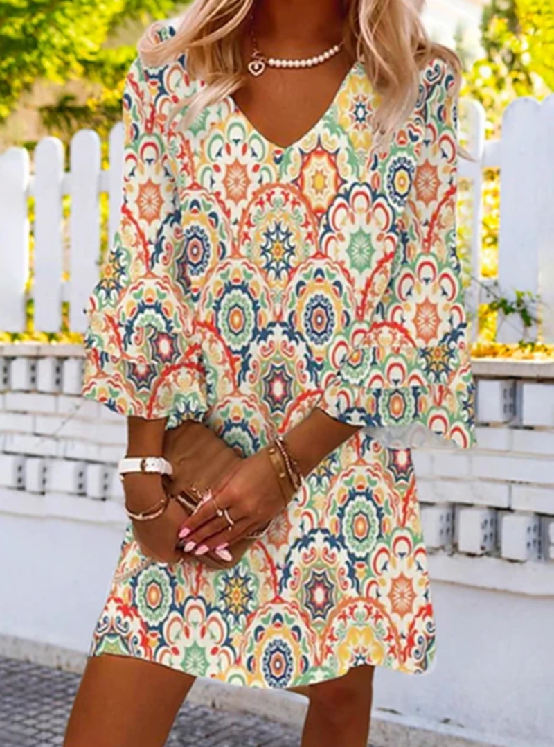 Women's V-Neck Printed Midi Dress with Flared Sleeves