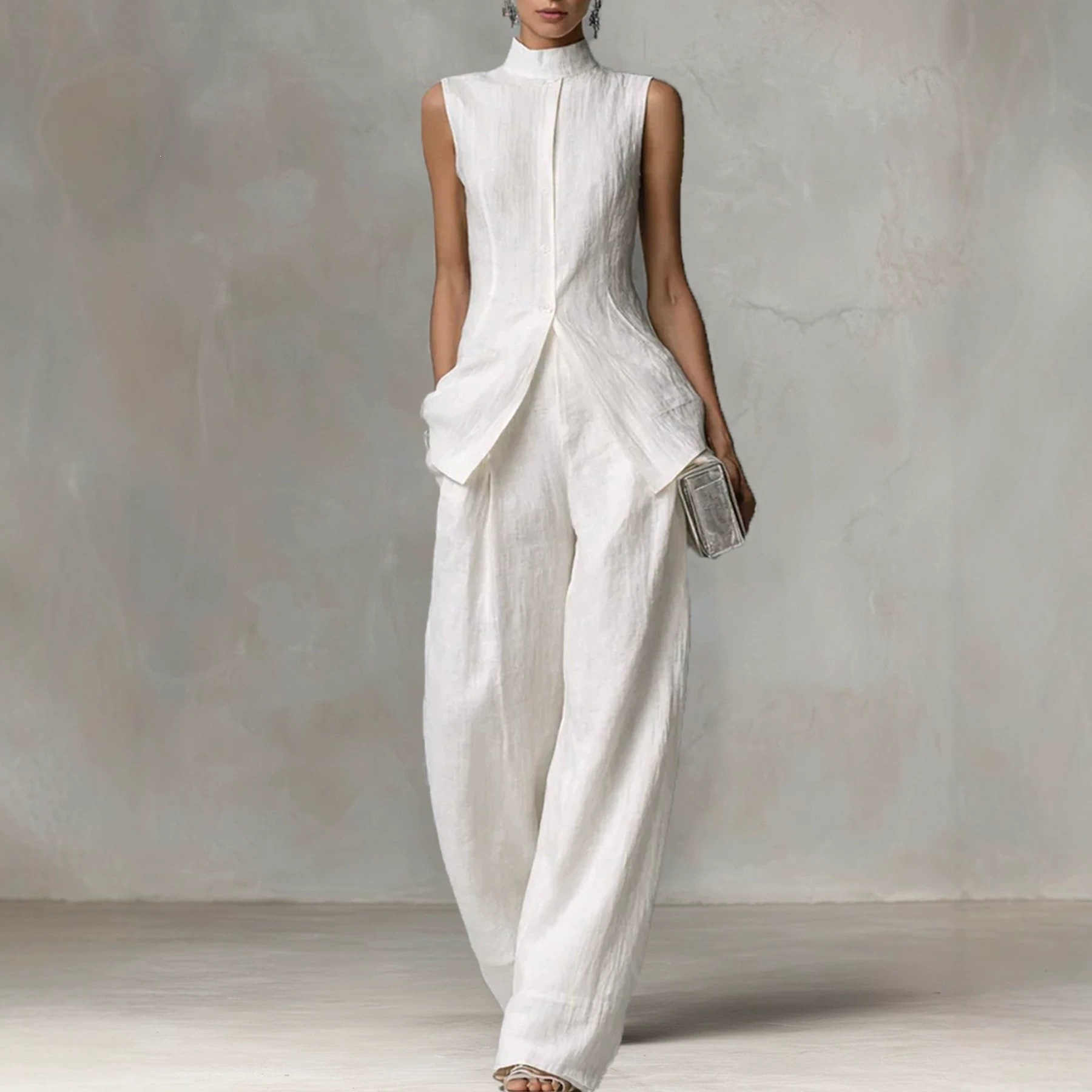 Women's Sleeveless Shirt and Pants Set with Drape, Casual Chic Two-Piece Outfit