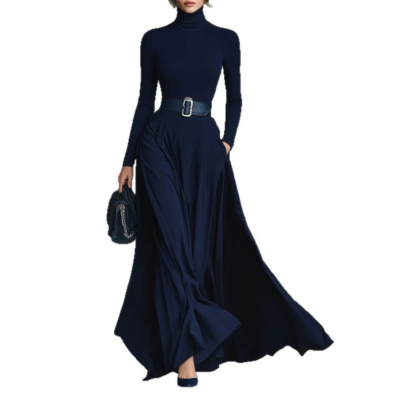 Women's High Neck Long Sleeve Solid Color Waist-Cinching A-Line Maxi Dress