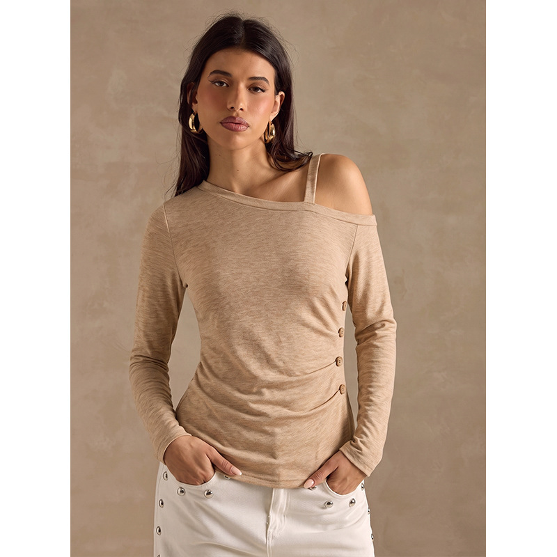 Plus Size Women's Asymmetric Off-Shoulder Long Sleeve Top with Faux Two-Piece Straps and Side Buttons