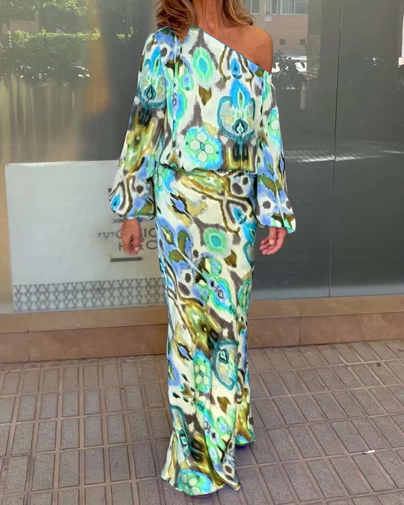 Women's Floral Print Long Sleeve Off-Shoulder Top and Mermaid Maxi Skirt Set