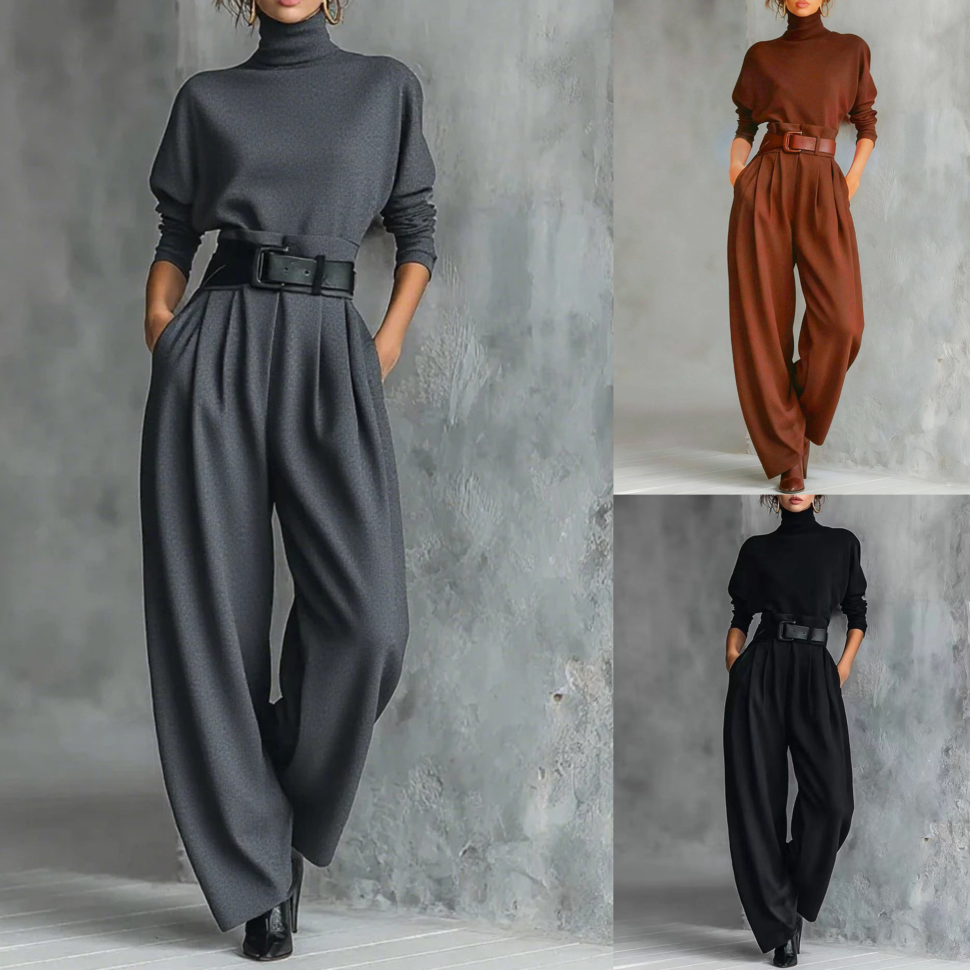 Women's Solid Color Long Sleeve Back Seam Top and Pants Two-Piece Set