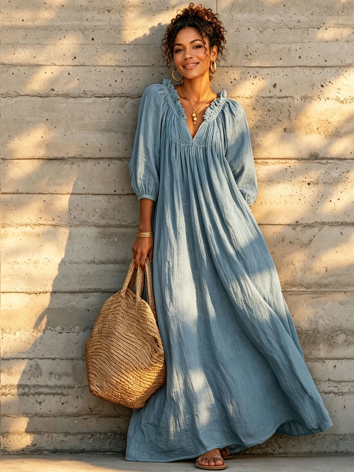 V-Neck Lantern Sleeve Boho Maxi Dress