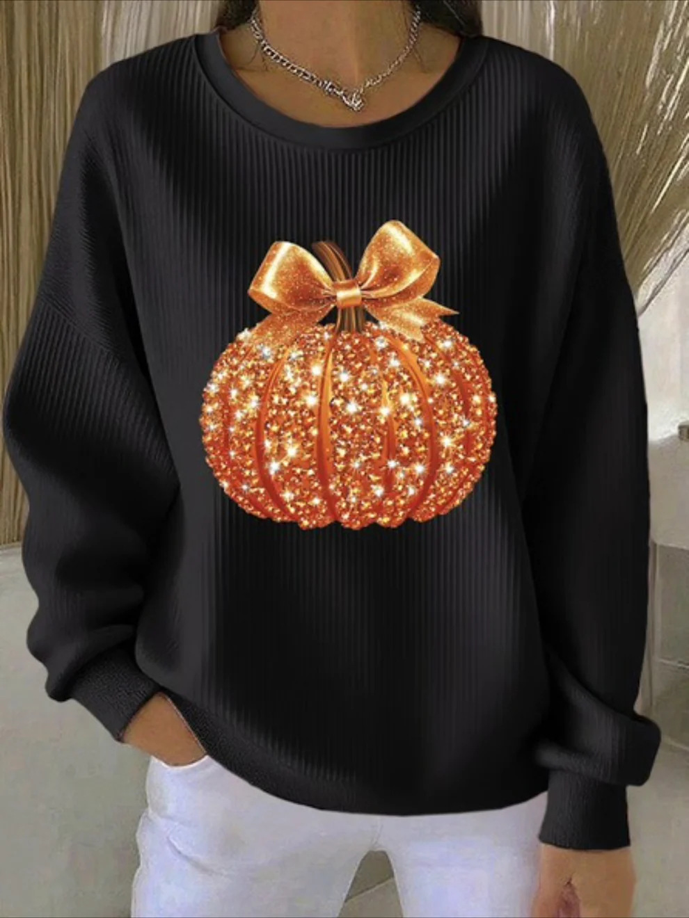 Women's Pumpkin Christmas Tree Bow Print Crewneck Sweatshirt
