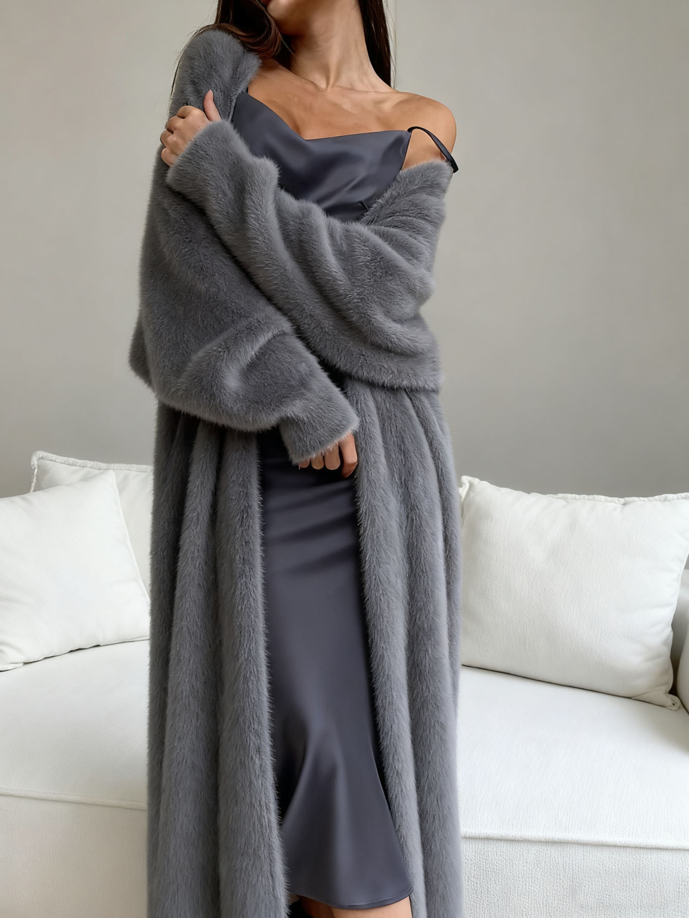 Faux Mink Fuzzy Knit Cardigan Coat Women's Loose Long Lantern Sleeve