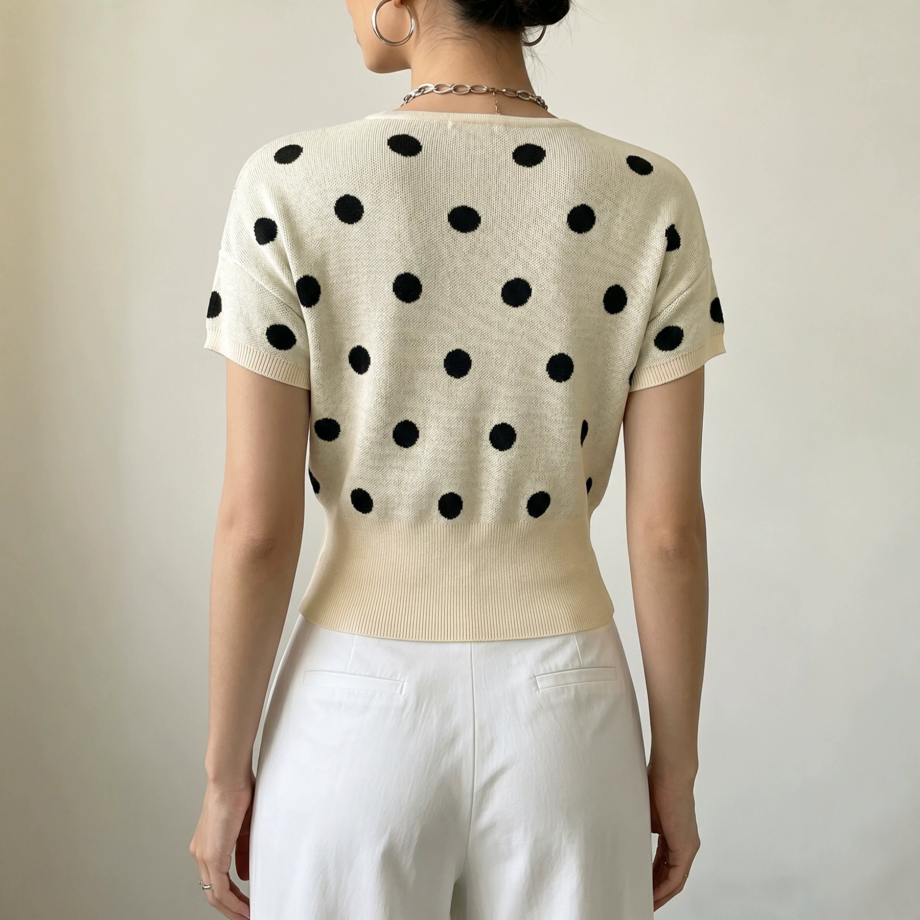Women's Polka Dot V-Neck Knit Top Cross-Front Short Sleeve Loose Fit