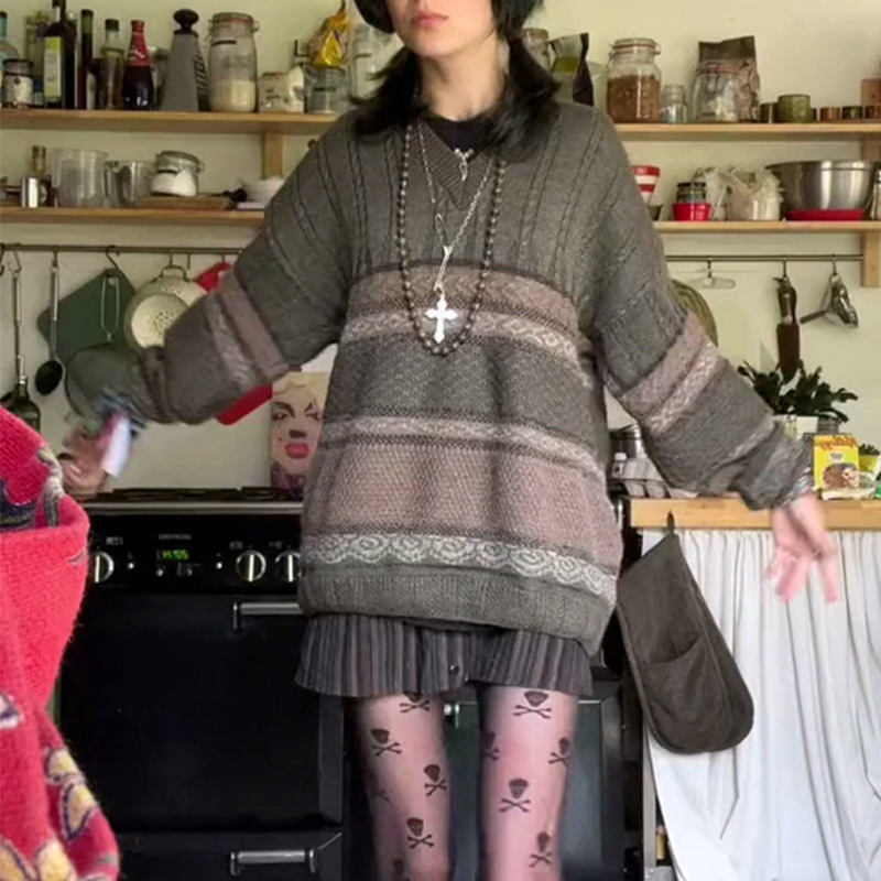 V-Neck Long-Sleeve Striped Color-Block Loose Knit Sweater