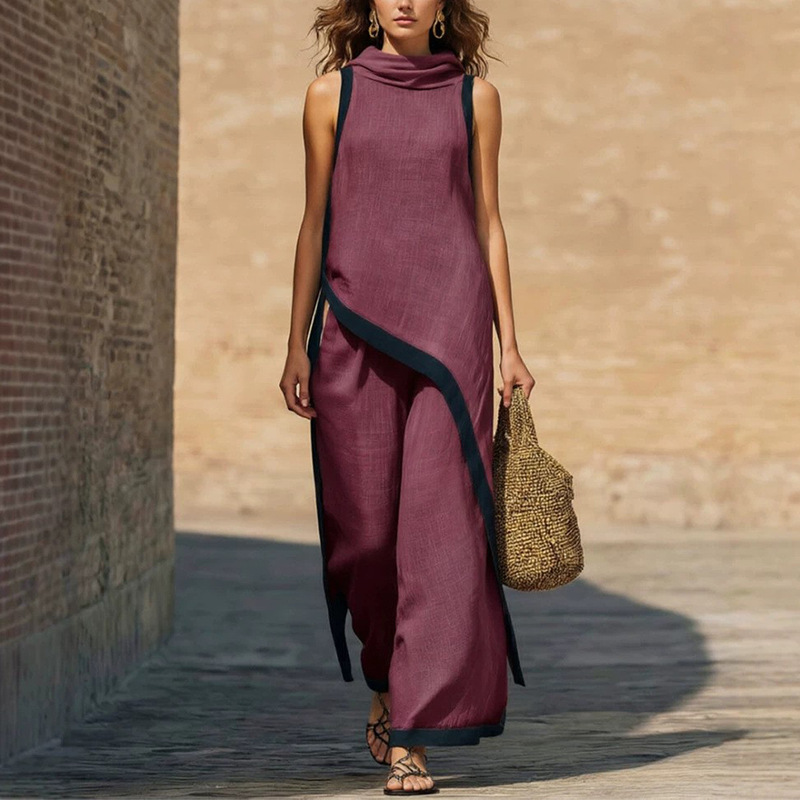 Asymmetric Colorblock Hooded Vest & Pants Two-Piece Set