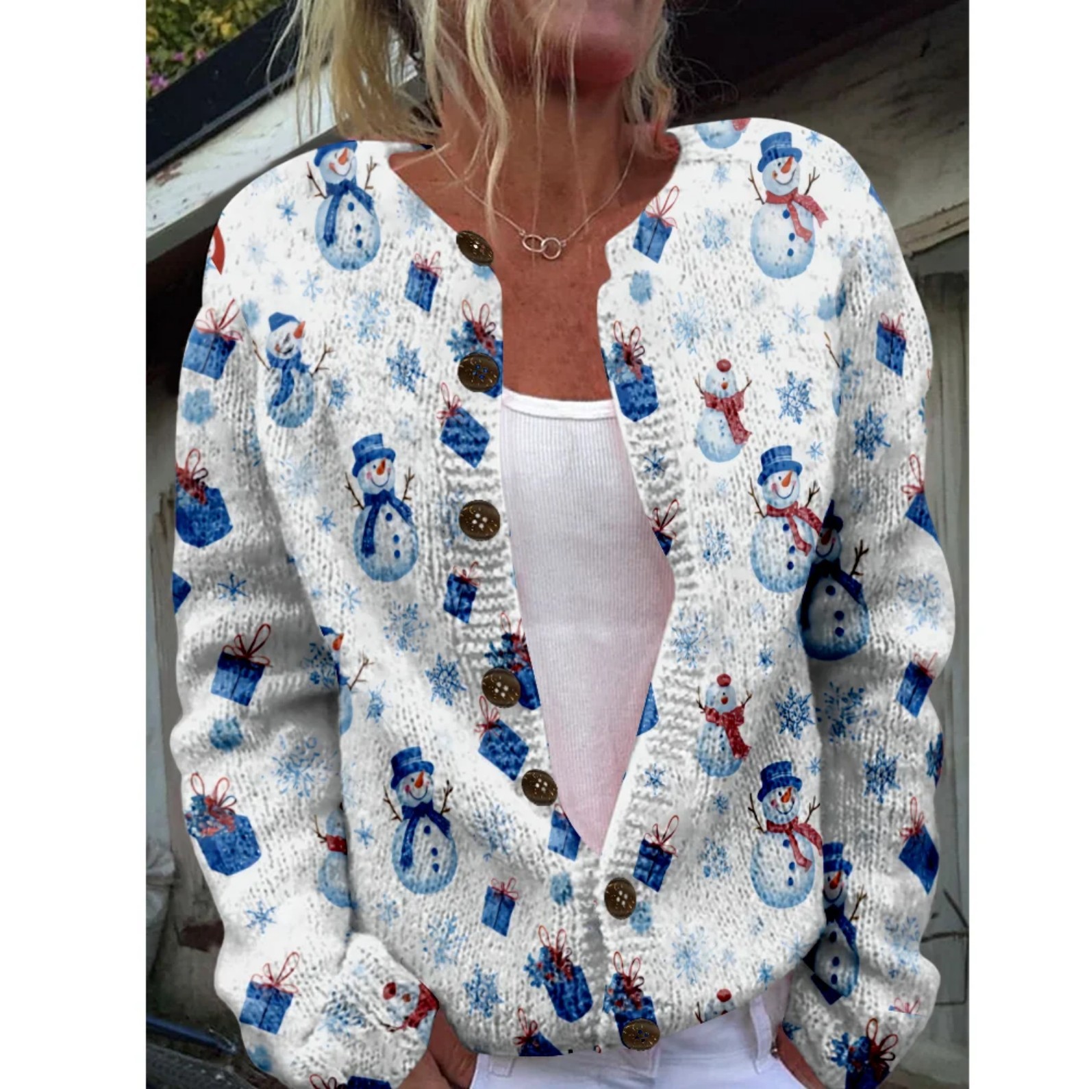 Women's Christmas Santa Print Button Cardigan Sweater