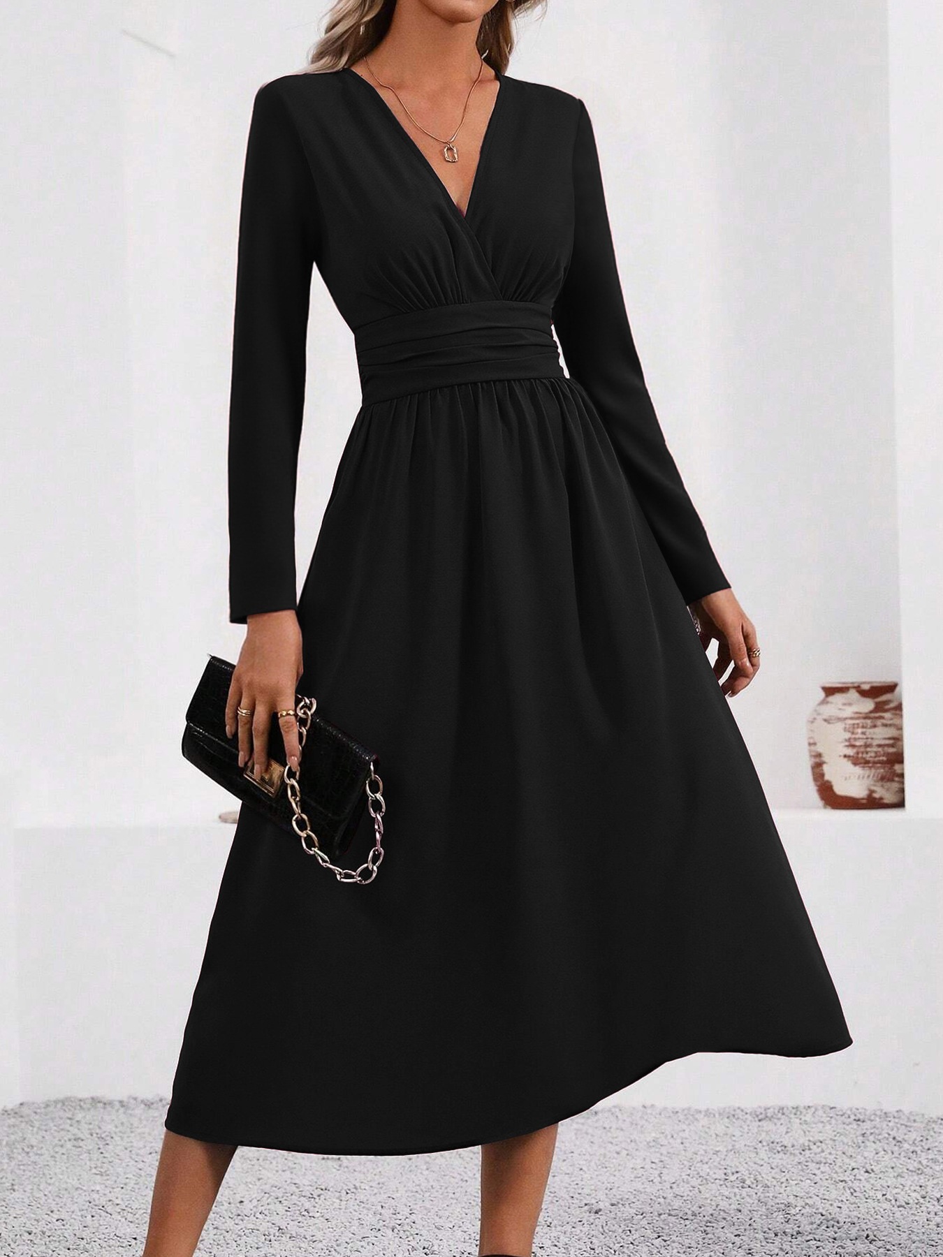 Women's Solid Overlap V-Neck Long Sleeve Ruched Waist Long Dress