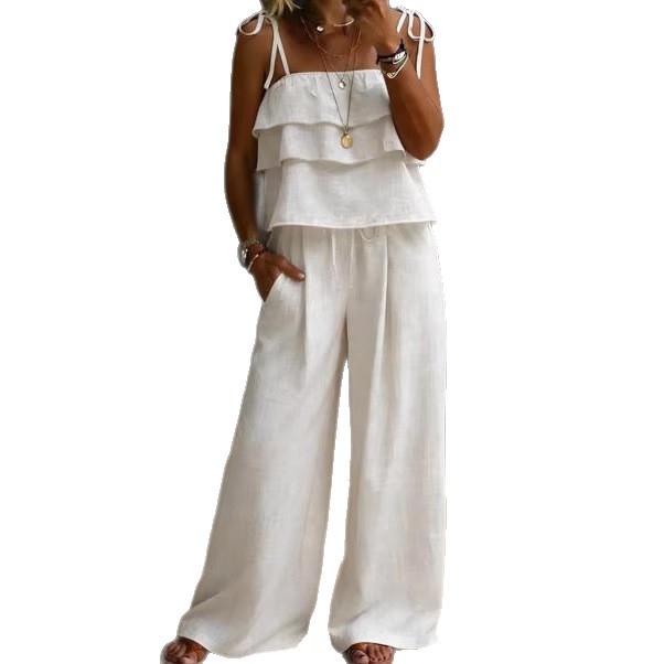 Women's Summer Linen-Blend Cami Top and Wide-Leg Pants Set Solid Color