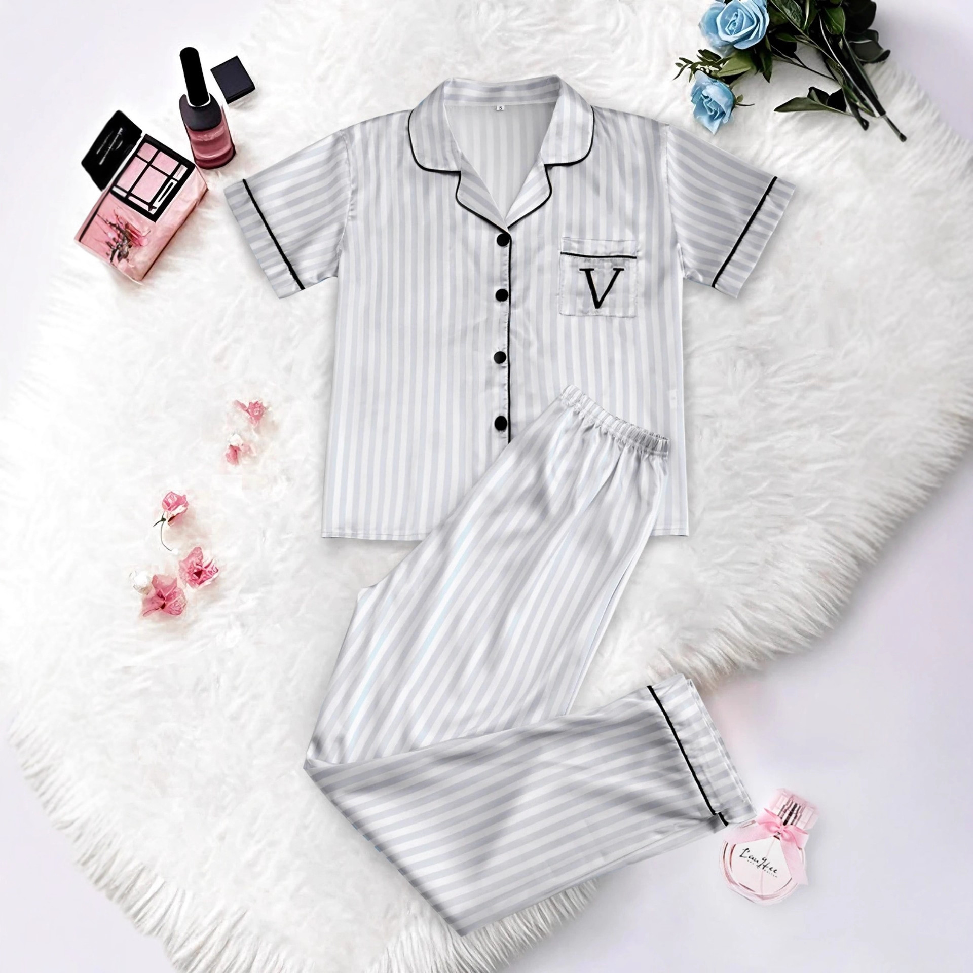 Women's Striped Cuban Collar Short Sleeve Shirt and Pants Set