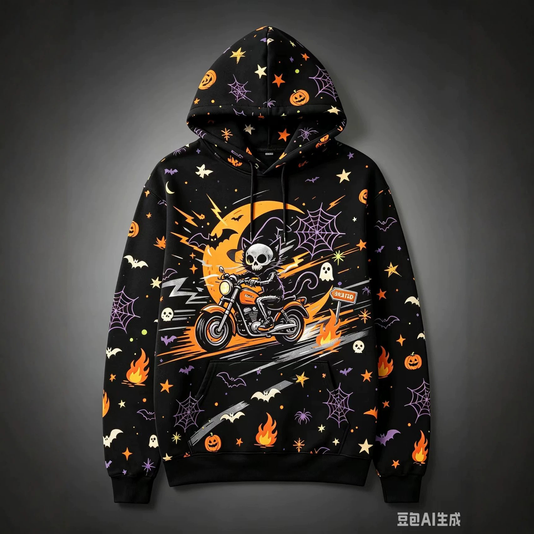 Women's Halloween Print Hoodie Cat Ghost Pullover