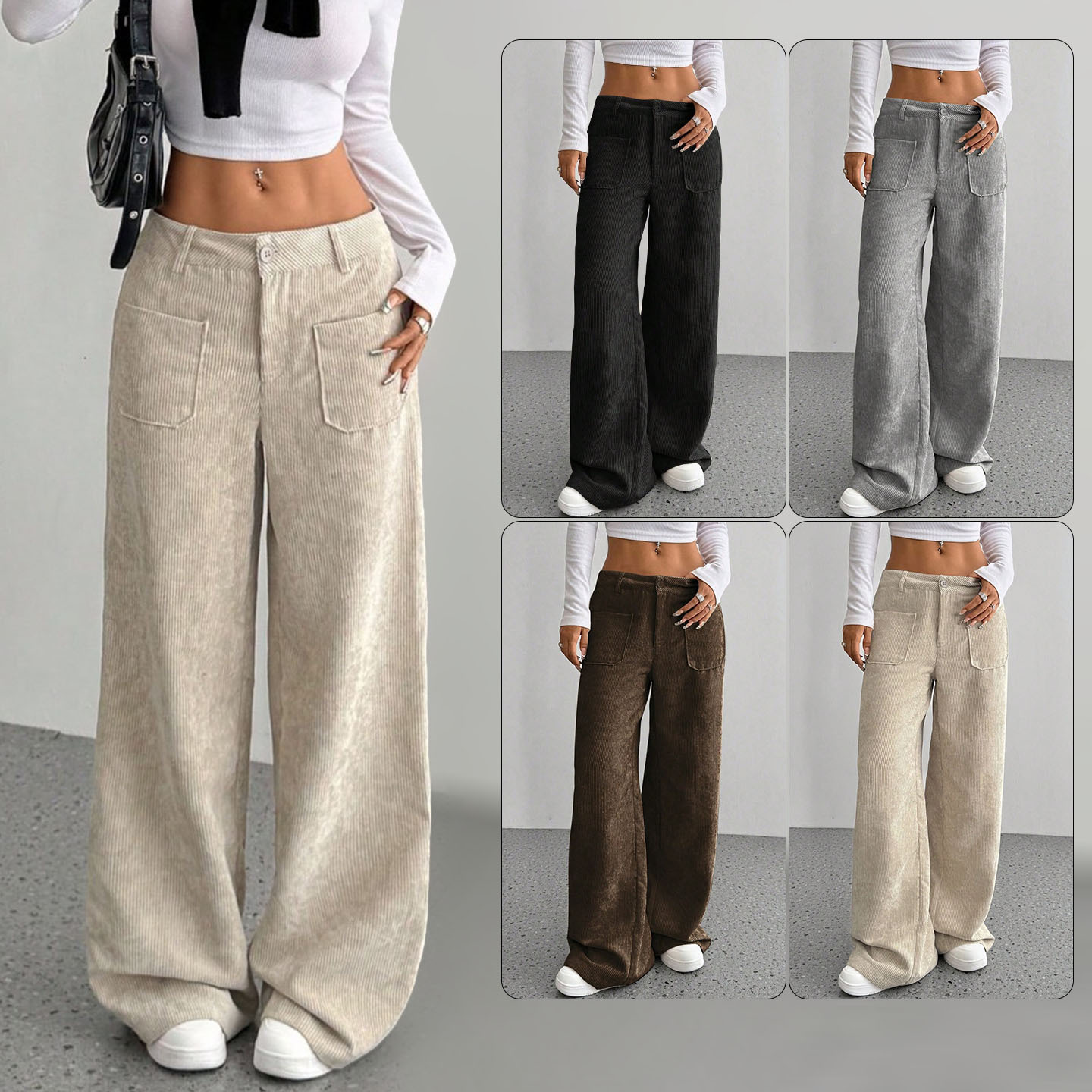 Corduroy Wide-Leg Pants for Women, Loose Fit, Front and Back Pockets, Solid Color
