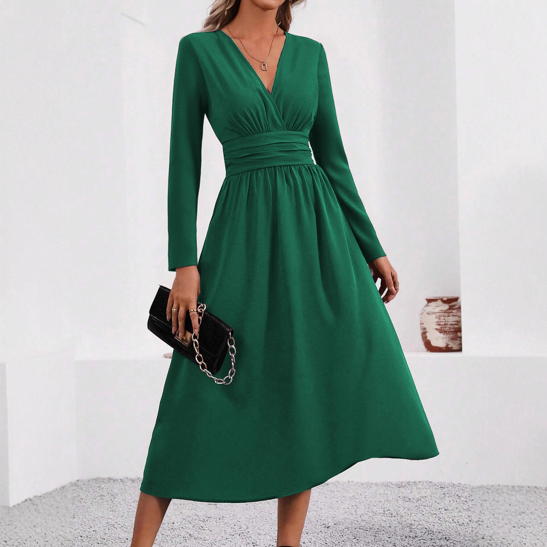 Women's Solid Overlap V-Neck Long Sleeve Ruched Waist Long Dress