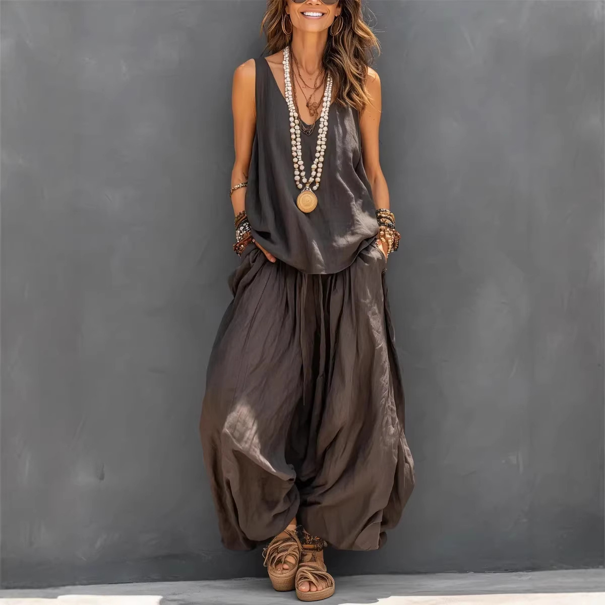 Women's Cotton-Linen V-Neck Tank Top and Pants Two-Piece Set
