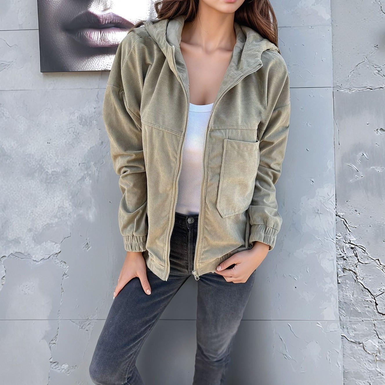 Women's Corduroy Hooded Jacket Solid Color Casual Loose Fit