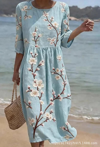 Women's Floral Print Ruched Midi Dress with Half Sleeves