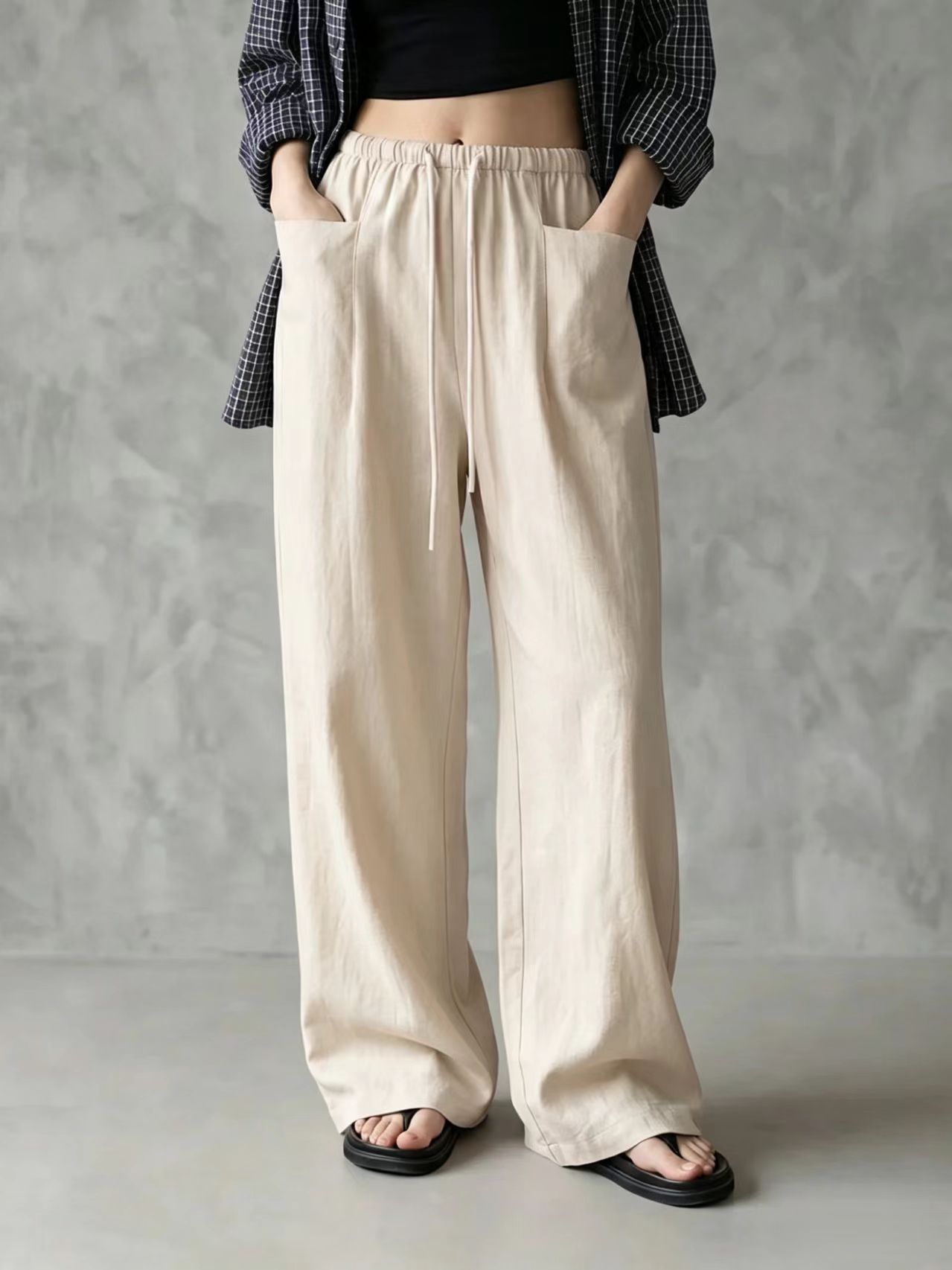 Women's Solid Color Wide-Leg High-Waist Drawstring Casual Pants