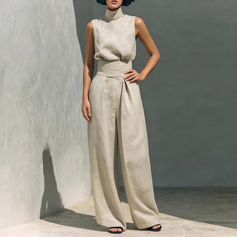 Women's Sleeveless High Neck Top and Straight Leg Pants Casual Set