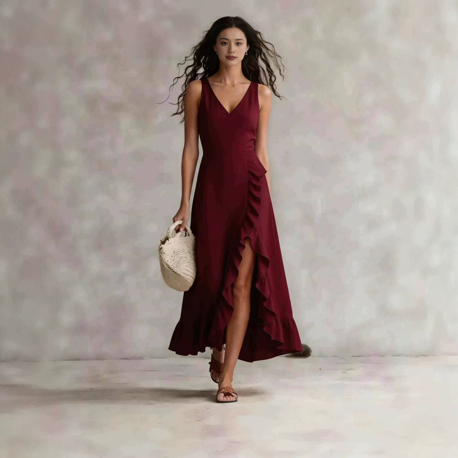 Bohemian V-Neck Sleeveless Ruffle Slit Maxi Dress