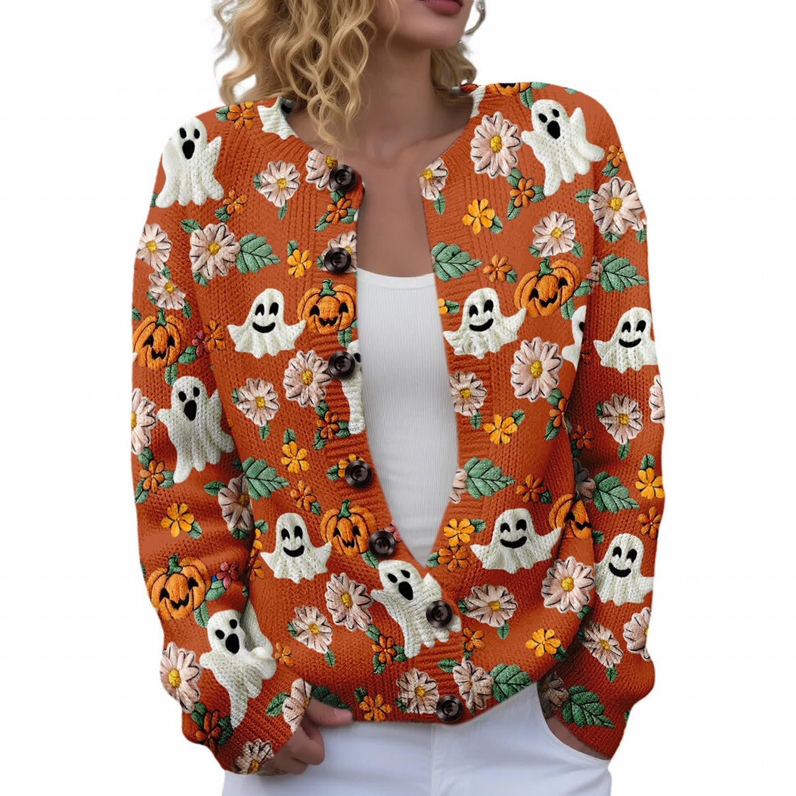 Women's Halloween Ghost Pumpkin Print Button Cardigan Sweater