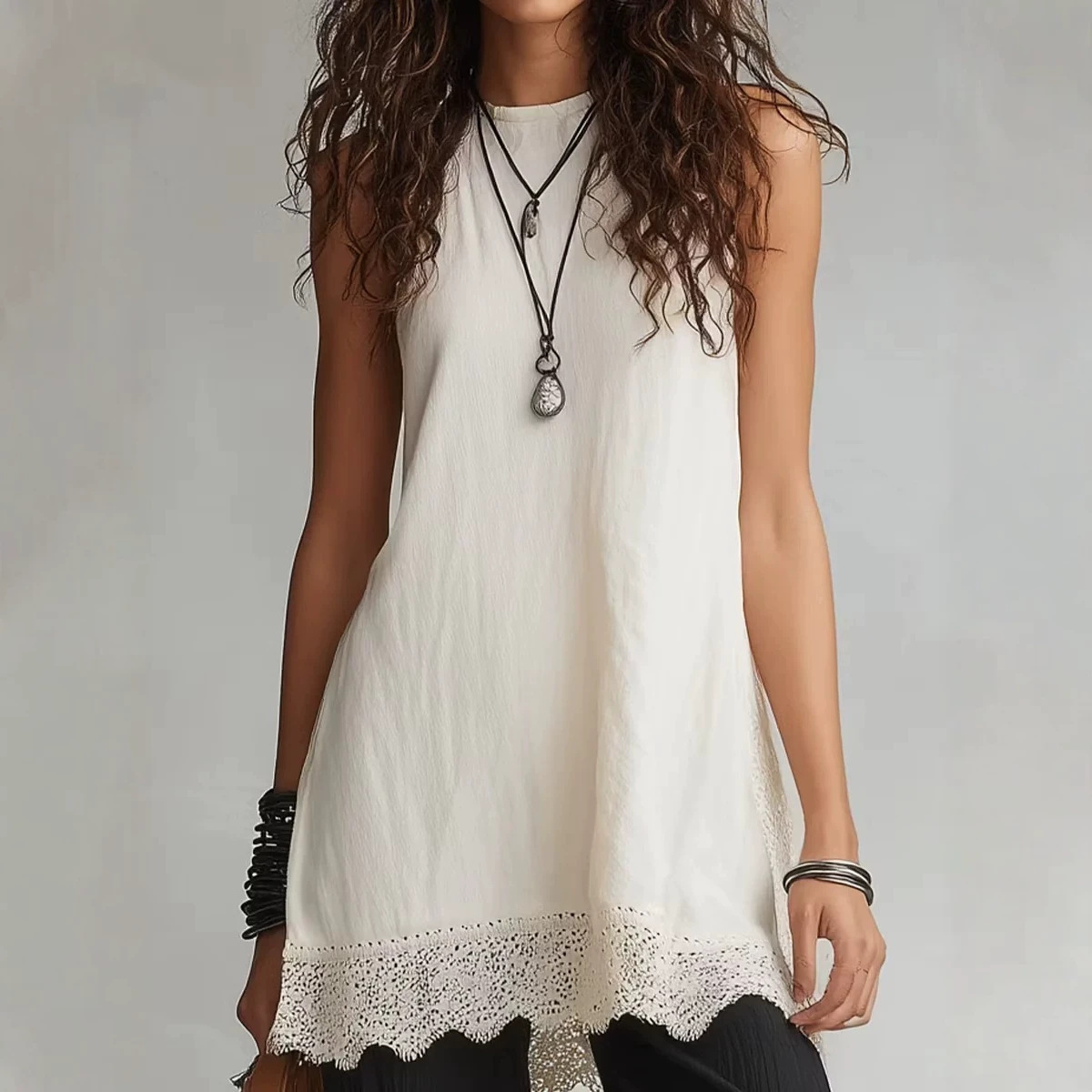 Women's Solid Crewneck Sleeveless Scallop Hem Shirt Set