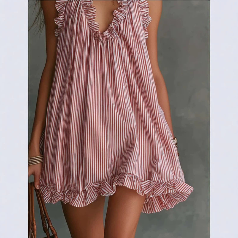 Ruffled V-Neck Striped Mini Dress