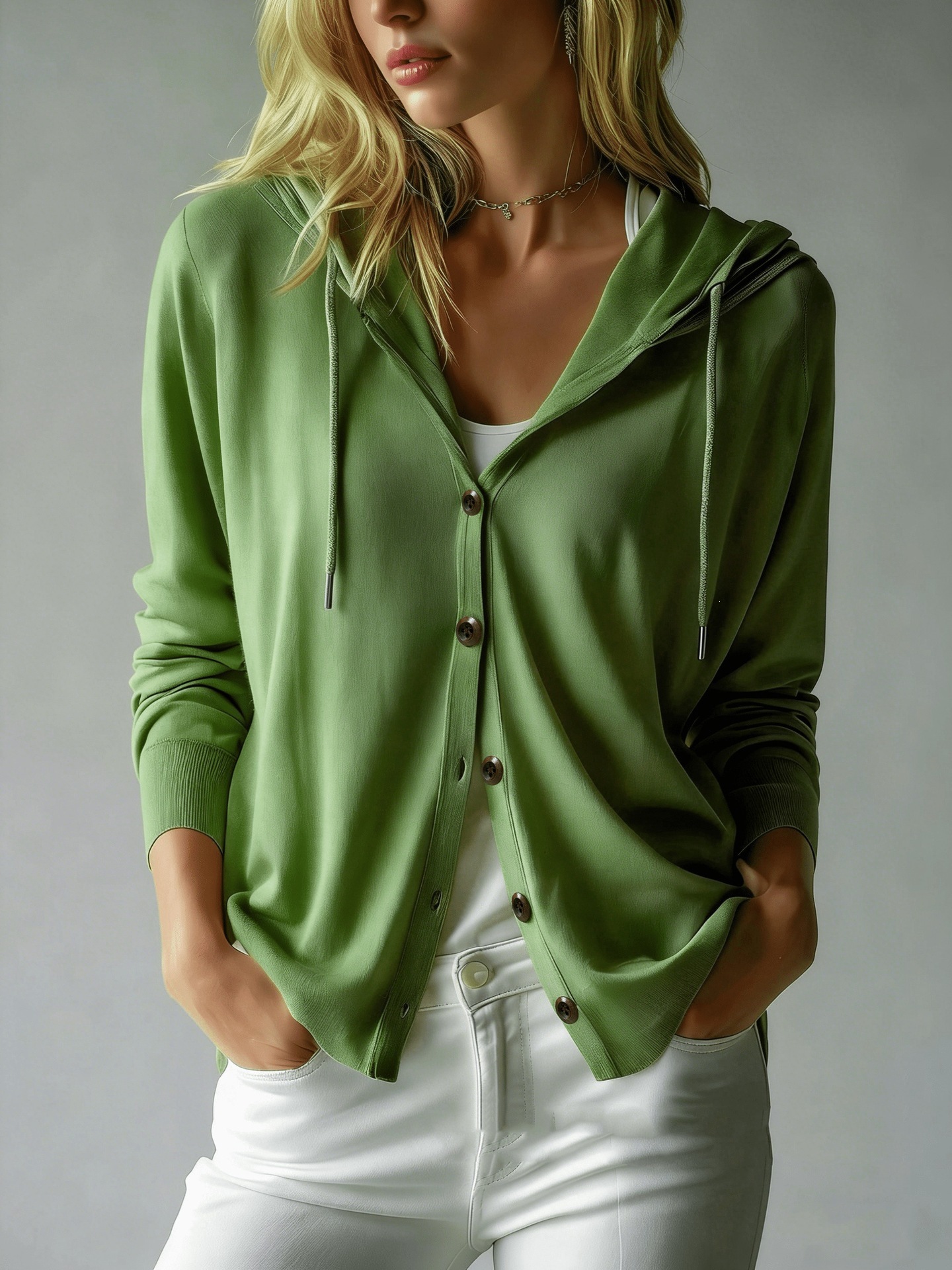 Women's Hooded Knit Cardigan Sweater Solid Color Long Sleeve Loose Fit