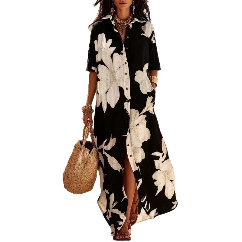 Women's Floral Print Slit Dress with Collar Loose Beach Long Dress