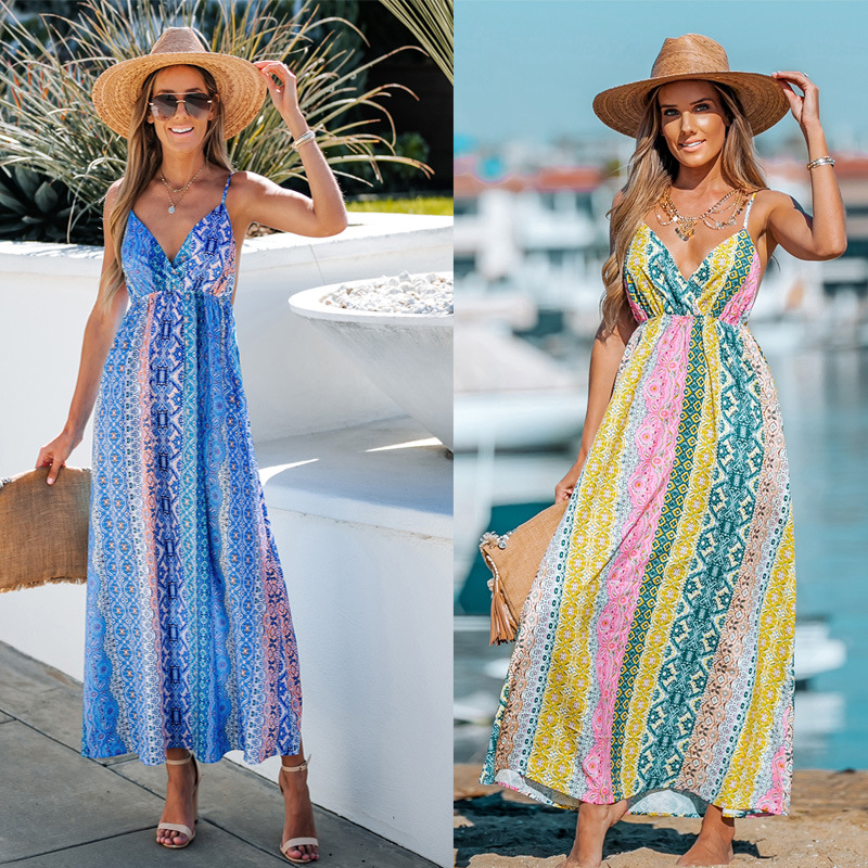 V-Neck Open-Back Cami Printed Maxi Dress