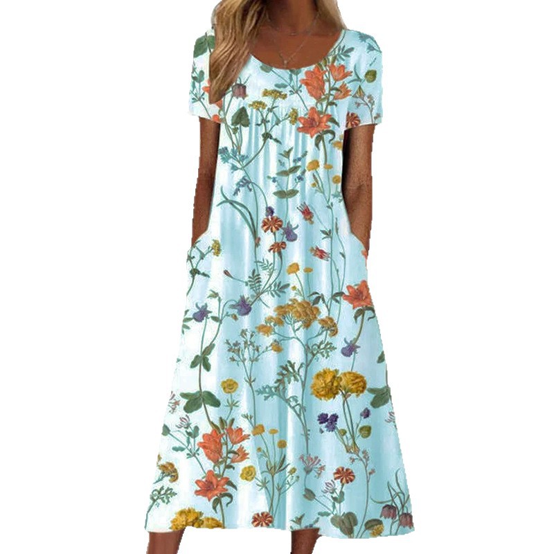 Women's Floral Print Ruched Midi Dress Short Sleeve Crew Neck