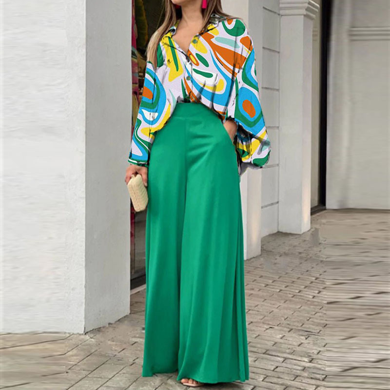 Women's Batwing Sleeve Colorblock Print Two-Piece Pants Set Casual Commuter