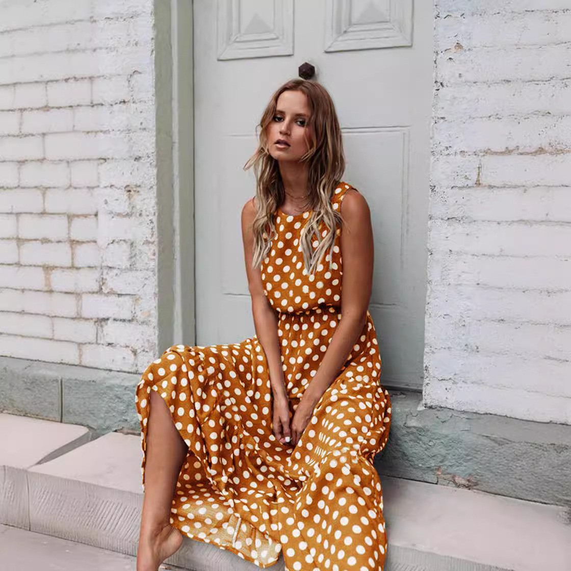 Polka Dot Print Round Neck Long Dress