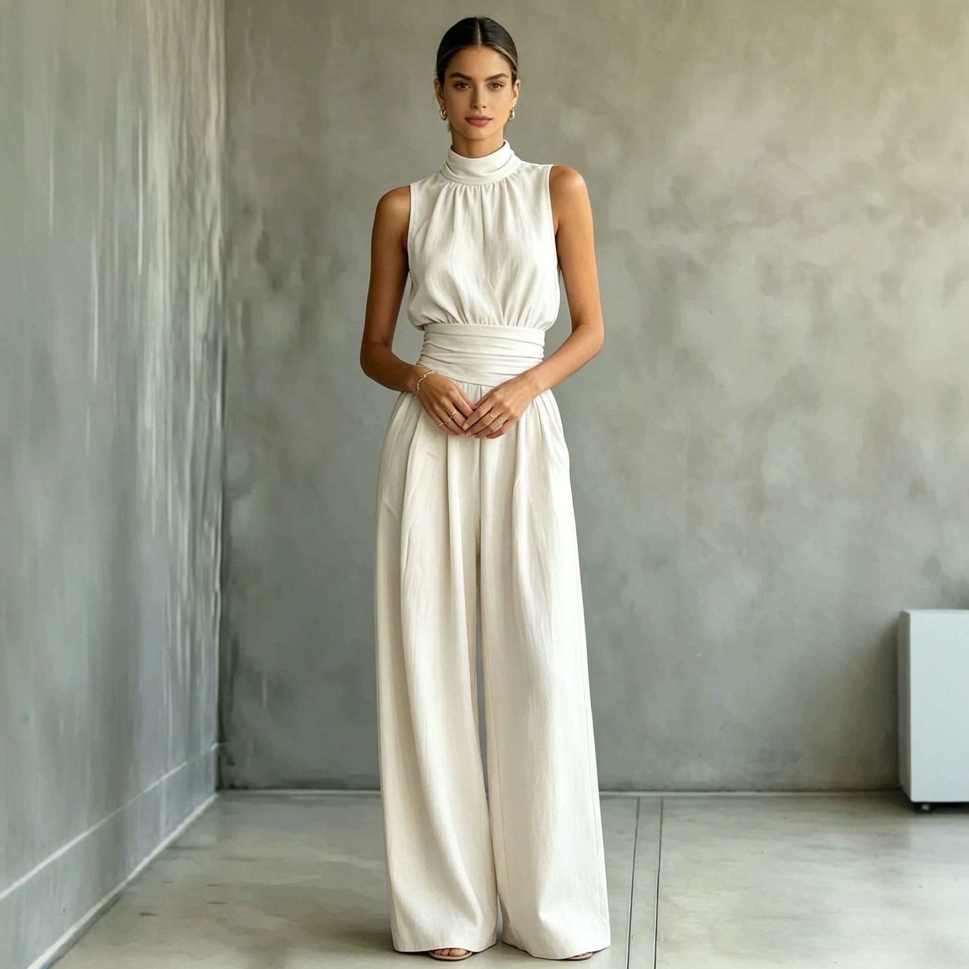 Women's Sleeveless Mock Neck Wide Leg Jumpsuit Solid Casual Long Pants