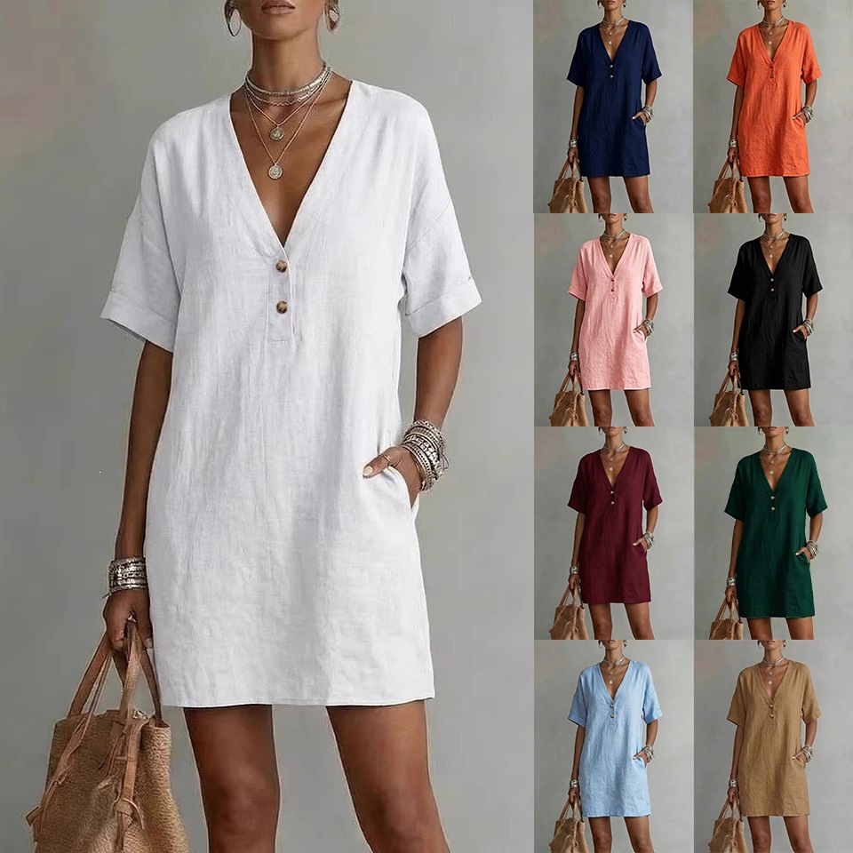 Boho Cotton-Linen Deep V Half-Button Short Sleeve Midi Dress