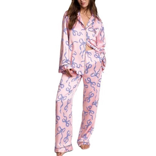 Cuban Collar Bow Ribbon Print Long Sleeve Women's Set