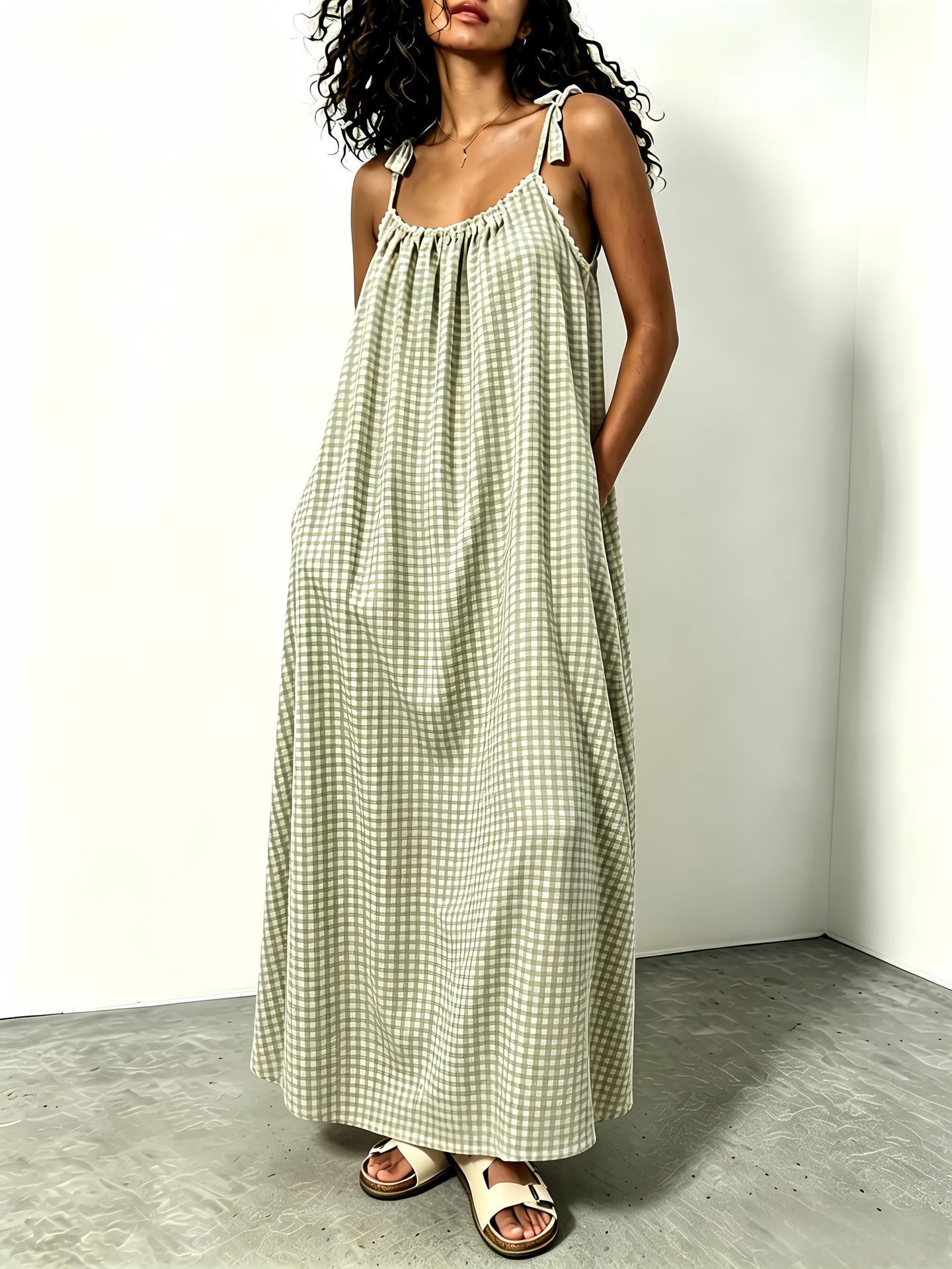 Women's Summer Sleeveless Plaid Maxi Dress Casual Loose Fit