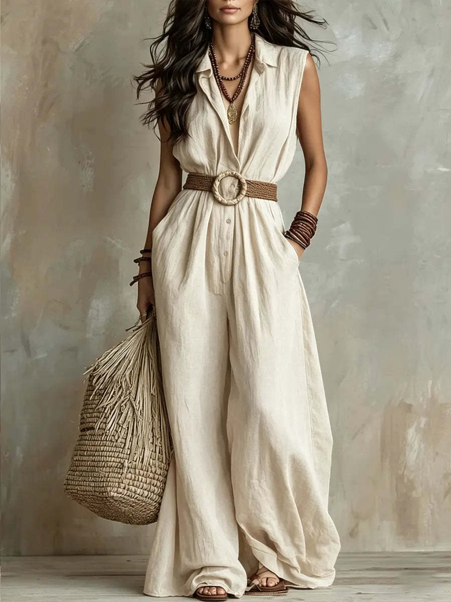 Women's Sleeveless Wide-Leg Jumpsuit with Collar and Waist Tie