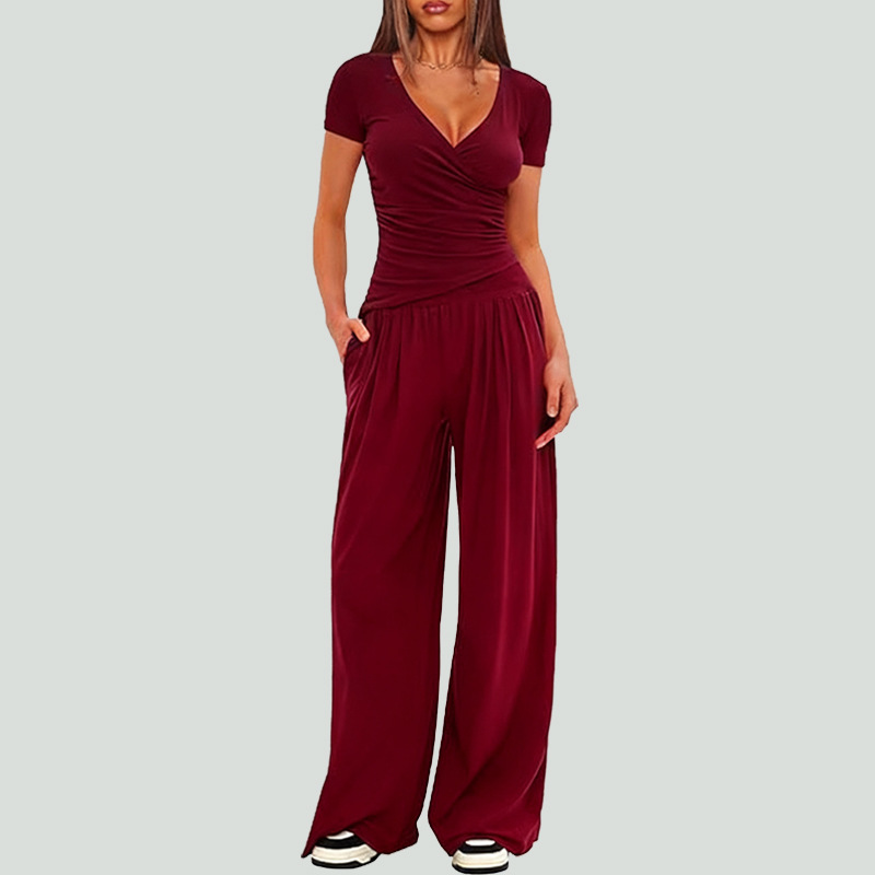 Women's Wide-Leg Pants Set Short Sleeve Two-Piece Casual Commuter