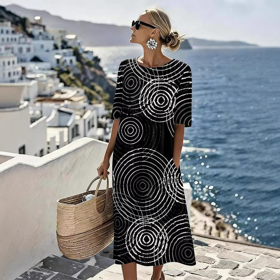Women's Casual A-Line Midi Dress with Abstract Concentric Circle Geometric Print, Short Sleeve, Round Neck