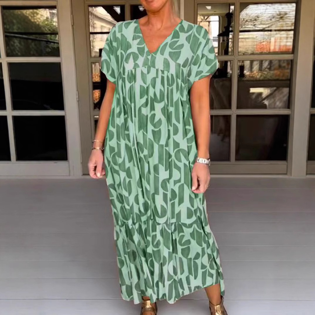 Geometric Print V-Neck Short Sleeve Loose Casual Dress