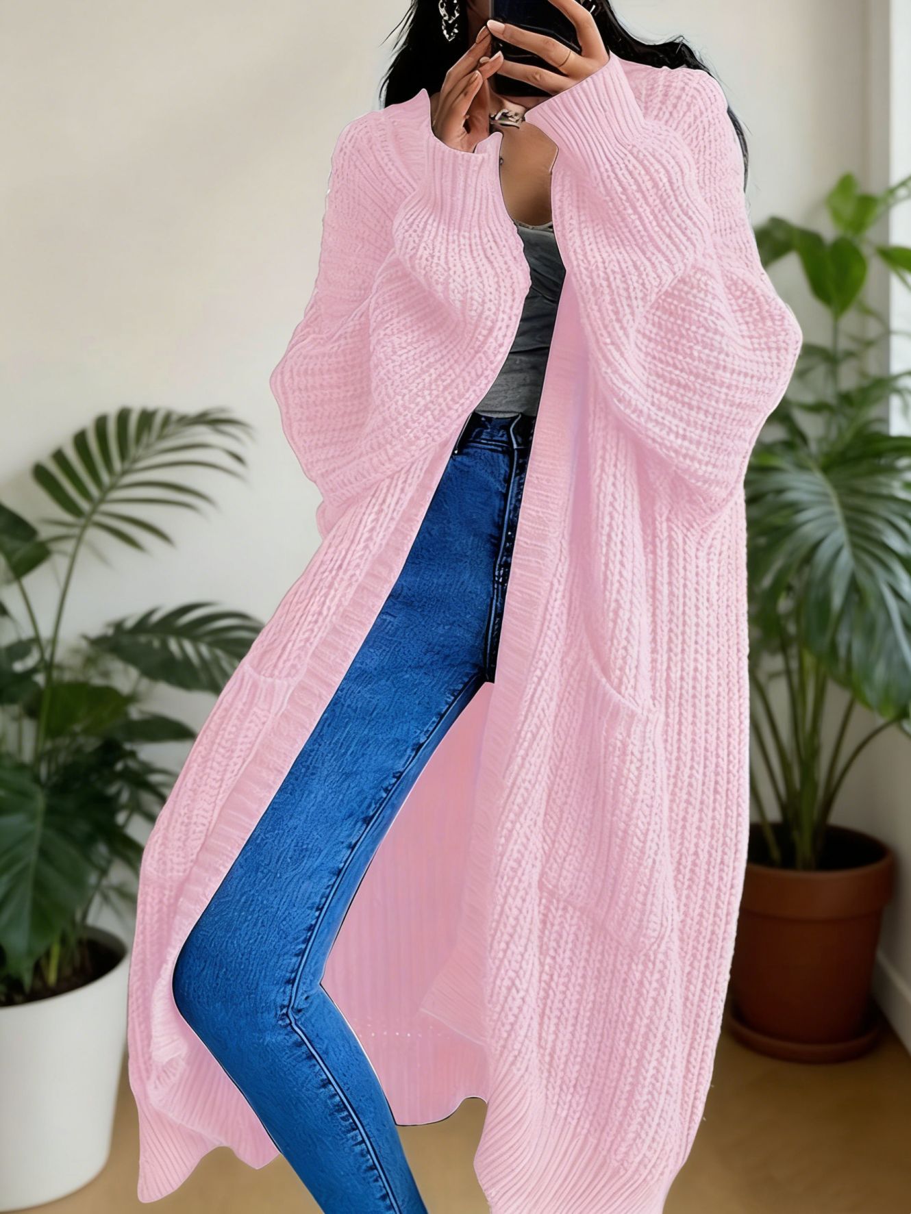 Women's Long Over-Knee Knit Cardigan Loose V-Neck Open Front Sweater Coat
