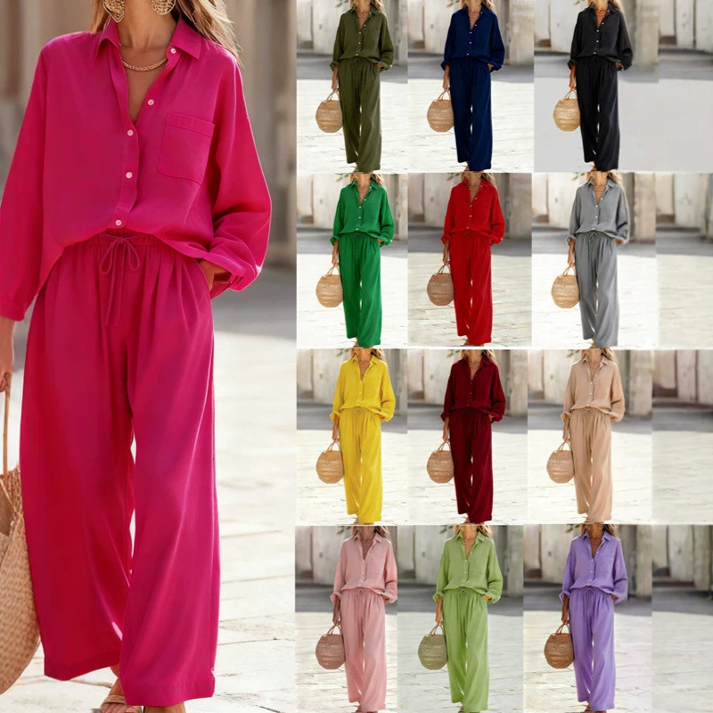 Women's Solid Color Long Sleeve Collared Top Set Casual Loose Fit