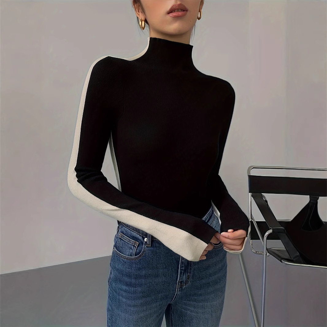 Black High-Neck Knit Sweater Slim Fit Long Sleeve