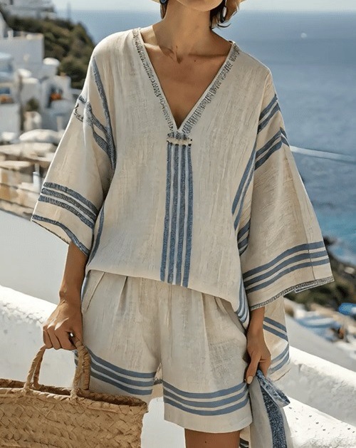 Printed V-Neck T-Shirt and Shorts Set with Faux Linen Look, Relaxed Fit