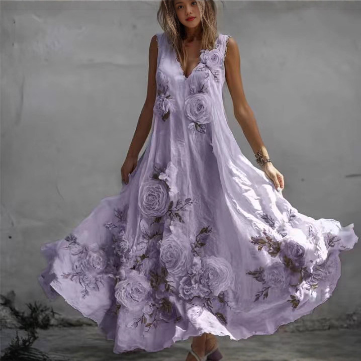 Women's Printed Sleeveless V-Neck Long Dress